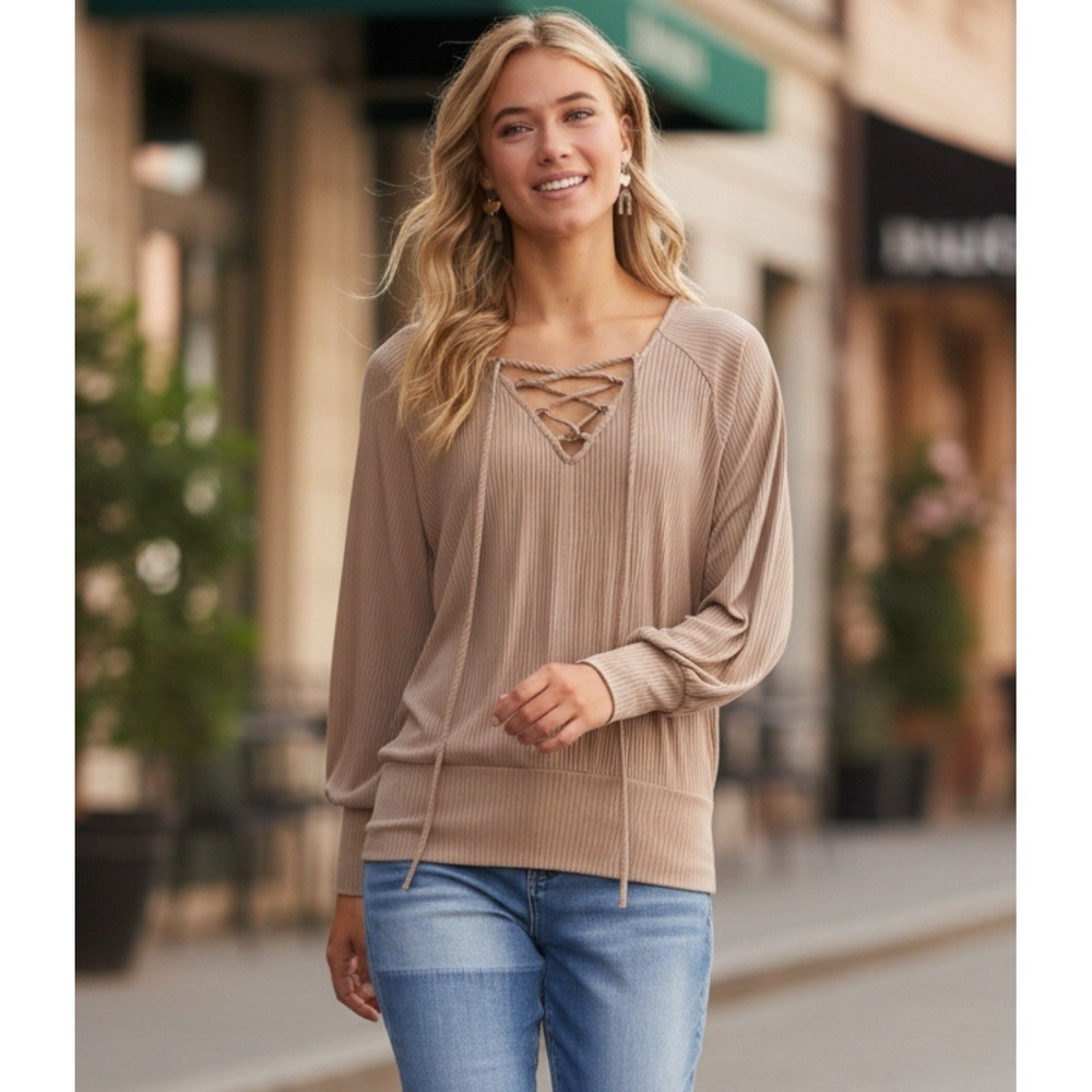 Daytrip Women Small - Taupe Lace Up Ribbed Knit V Neck Top Long Sleeve Shirt